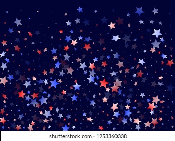 American Memorial Day stars background. Holiday confetti in USA flag colors for Presidents Day.  Simple red blue white stars on dark American patriotic vector. Fourth of July stardust scatter.