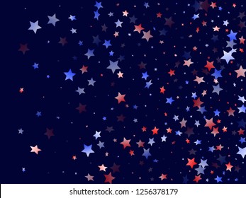 American Memorial Day stars background. Holiday confetti in US flag colors for President Day.  Gradient red blue white stars on dark American patriotic vector. Fourth of July stardust scatter.