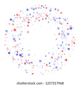 American Memorial Day stars background. Holiday confetti in US flag colors for Patriot Day. Banner red blue white stars on white American patriotic vector. 4th of July stardust confetti.