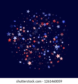American Memorial Day stars background. Holiday confetti in USA flag colors for Patriot Day.  Simple red blue white stars on dark American patriotic vector. 4th of July stardust confetti.