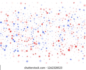 American Memorial Day stars background. Holiday confetti in US flag colors for President Day.  Gradient red blue white stars on white American patriotic vector. 4th of July stardust scatter.