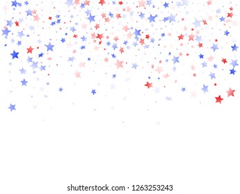 American Memorial Day stars background. Holiday confetti in USA flag colors for Presidents Day. Banner red blue white stars on white American patriotic vector. Fourth of July stardust scatter.