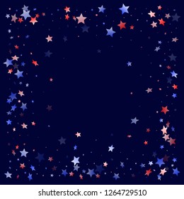 American Memorial Day stars background. Confetti in USA flag colors for Independence Day. Bright red blue white stars on dark American patriotic vector. Fourth of July stardust scatter.