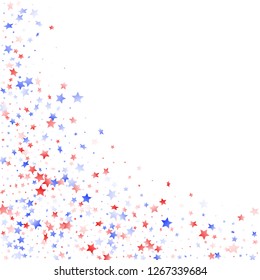 American Memorial Day stars background. Holiday confetti in USA flag colors for Patriot Day. Gradient red blue white stars on white American patriotic vector. 4th of July stardust scatter.