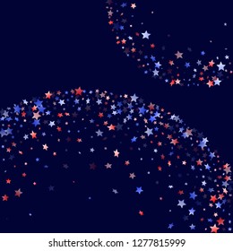 American Memorial Day stars background. Confetti in USA flag colors for Independence Day.  Minimal red blue white stars on dark American patriotic vector. Fourth of July stardust scatter.