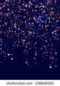American Memorial Day stars background. Holiday confetti in US flag colors for President Day.  Bright red blue white stars on dark American patriotic vector. Fourth of July holiday stardust.