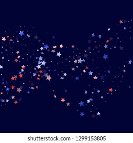American Memorial Day stars background. Confetti in USA flag colors for Independence Day.  Poster red blue white stars on dark American patriotic vector. 4th of July holiday stardust.
