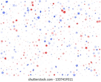 American Memorial Day stars background. Confetti in US flag colors for Independence Day.  Stylish red blue white stars on white American patriotic vector. 4th of July stardust confetti.