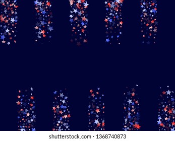 American Memorial Day stars background. Holiday confetti in US flag colors for Patriot Day. Gradiental red blue white stars on dark American patriotic vector. Fourth of July holiday stardust.