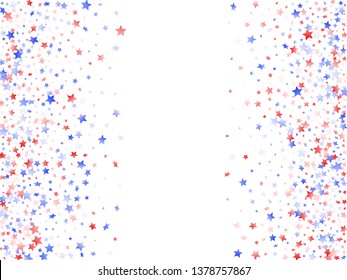 American Memorial Day stars background. Confetti in US flag colors for Independence Day. Solemn red blue white stars on white American patriotic vector. July 4th stardust confetti.