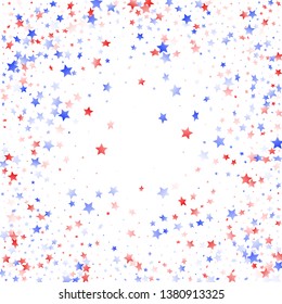 American Memorial Day stars background. Holiday confetti in USA flag colors for Presidents Day.  Solemn red blue white stars on white American patriotic vector. July 4th stardust elements.