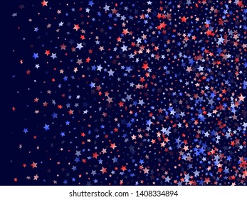 American Memorial Day stars background. Holiday confetti in USA flag colors for Patriot Day.  Vivid red blue white stars on dark American patriotic vector. July 4th stardust elements.