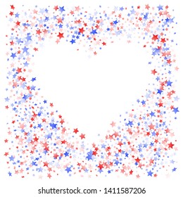 American Memorial Day stars background. Confetti in USA flag colors for Independence Day. Festive red blue white stars on white American patriotic vector. 4th of July stardust confetti.