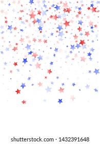 American Memorial Day stars background. Holiday confetti in US flag colors for President Day. Vivid red blue white stars on white American patriotic vector. July 4th stardust confetti.