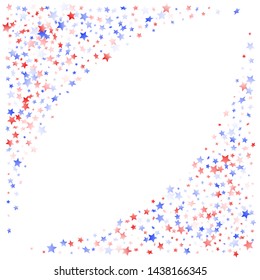 American Memorial Day stars background. Holiday confetti in US flag colors for Patriot Day. Trendy red blue white stars on white American patriotic vector. July 4th stardust elements.