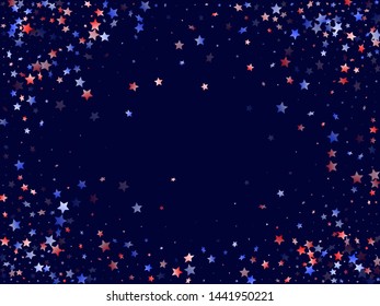 American Memorial Day stars background. Holiday confetti in USA flag colors for Presidents Day. Vivid red blue white stars on dark American patriotic vector. 4th of July stardust scatter.