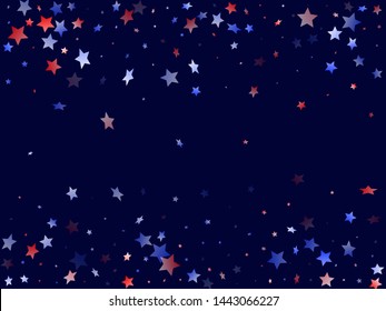 American Memorial Day stars background. Holiday confetti in US flag colors for Patriot Day.  Banner red blue white stars on dark American patriotic vector. 4th of July stardust confetti.