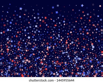 American Memorial Day stars background. Holiday confetti in US flag colors for President Day.  Trendy red blue white stars on dark American patriotic vector. July 4th stardust elements.