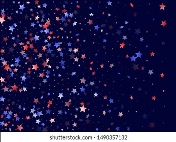 American Memorial Day stars background. Holiday confetti in US flag colors for Patriot Day.  Navy red blue white stars on dark American patriotic vector. 4th of July stardust scatter.