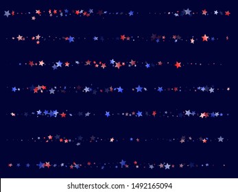 American Memorial Day stars background. Holiday confetti in USA flag colors for Patriot Day.  Poster red blue white stars on dark American patriotic vector. 4th of July stardust confetti.