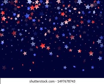 American Memorial Day stars background. Confetti in USA flag colors for Independence Day.  Navy red blue white stars on dark American patriotic vector. July 4th holiday stardust.