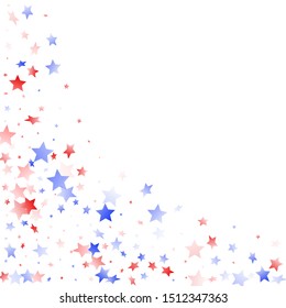 American Memorial Day stars background. Confetti in US flag colors for Independence Day. Trendy red blue white stars on white American patriotic vector. July 4th stardust elements.