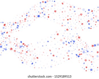American Memorial Day stars background. Holiday confetti in USA flag colors for Patriot Day.  Festive red blue white stars on white American patriotic vector. 4th of July holiday stardust.