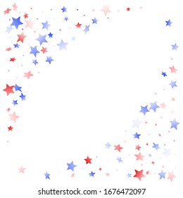 American Memorial Day stars background. Holiday confetti in USA flag colors for Patriot Day. Minimal red blue white stars on white American patriotic vector. July 4th holiday stardust.