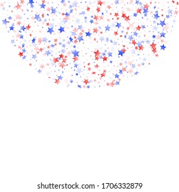 American Memorial Day stars background. Confetti in USA flag colors for Independence Day.  Solemn red blue white stars on white American patriotic vector. 4th of July stardust confetti.