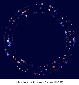 American Memorial Day stars background. Holiday confetti in US flag colors for President Day. Gradient red blue white stars on dark American patriotic vector. July 4th holiday stardust.