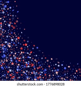 American Memorial Day stars background. Holiday confetti in US flag colors for President Day. Simple red blue white stars on dark American patriotic vector. Fourth of July stardust scatter.