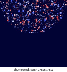 American Memorial Day stars background. Holiday confetti in US flag colors for President Day.  Solemn red blue white stars on dark American patriotic vector. July 4th holiday stardust.