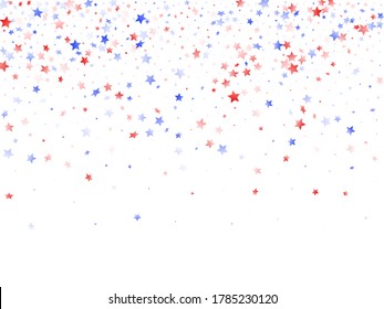 Antecedentes del American Memorial Day. Confeti de vacaciones en los colores de la bandera de EE.UU. para el Día del Patriota. Estrellas blancas de color azul rojo degradadas sobre el vector patriótico norteamericano blanco. 4 de julio de starpolvo disperso.