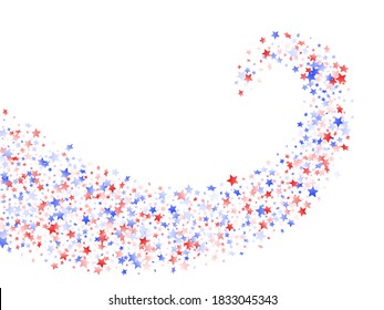 American Memorial Day stars background. Holiday confetti in US flag colors for President Day.  Poster red blue white stars on white American patriotic vector. Fourth of July stardust scatter.