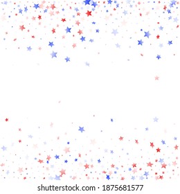 American Memorial Day stars background. Confetti in USA flag colors for Independence Day. Vivid red blue white stars on white American patriotic vector. July 4th stardust confetti.