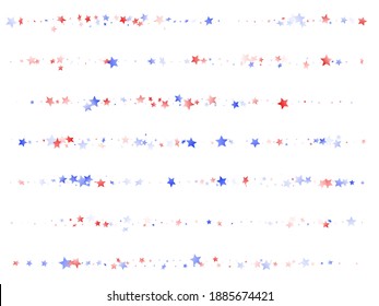 American Memorial Day stars background. Holiday confetti in US flag colors for Patriot Day.  Trendy red blue white stars on white American patriotic vector. July 4th holiday stardust.