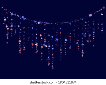 American Memorial Day stars background. Confetti in USA flag colors for Independence Day.  Simple red blue white stars on dark American patriotic vector. July 4th stardust confetti.