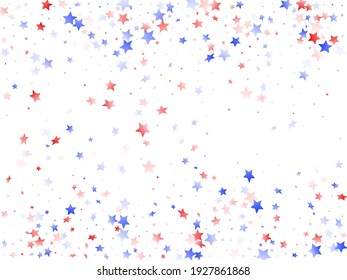 American Memorial Day stars background. Holiday confetti in USA flag colors for Patriot Day.  Poster red blue white stars on white American patriotic vector. 4th of July holiday stardust.