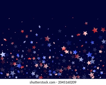 American Memorial Day stars background. Holiday confetti in USA flag colors for Patriot Day. Bright red blue white stars on dark American patriotic vector. Fourth of July holiday stardust.