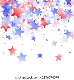 American Memorial Day stars background. Holiday confetti in US flag colors for President Day.  Cool red blue white stars on white American patriotic vector. July 4th stardust elements.