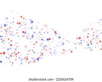 American Memorial Day stars background. Confetti in US flag colors for Independence Day.  Bright red blue white stars on white American patriotic vector. 4th of July holiday stardust.