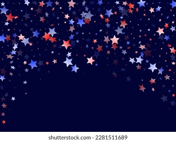 American Memorial Day stars background. Holiday confetti in US flag colors for Patriot Day. Solemn red blue white stars on dark American patriotic vector. Fourth of July holiday stardust.
