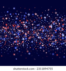 American Memorial Day stars background. Holiday confetti in USA flag colors for Presidents Day.  Stylish red blue white stars on dark American patriotic vector. 4th of July stardust scatter.