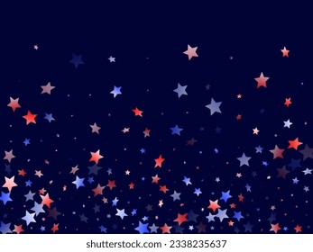 American Memorial Day stars background. Holiday confetti in USA flag colors for Patriot Day.  Gradient red blue white stars on dark American patriotic vector. 4th of July stardust confetti.