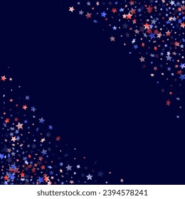 American Memorial Day stars background. Confetti in US flag colors for Independence Day. Cool red blue white stars on dark American patriotic vector. 4th of July stardust scatter.