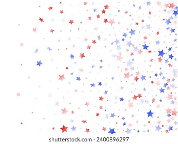 American Memorial Day stars background. Confetti in USA flag colors for Independence Day.  Simple red blue white stars on white American patriotic vector. Fourth of July stardust scatter.