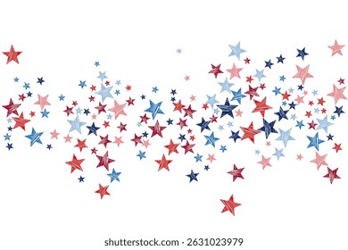 American Memorial Day sterren in borduurstijl achtergrond. Confetti in Amerikaanse vlag kleuren voor Independence Day.  Stijlvolle rood blauwe witte sterren Amerikaanse patriottische vector. 4 juli vakantie stardust.