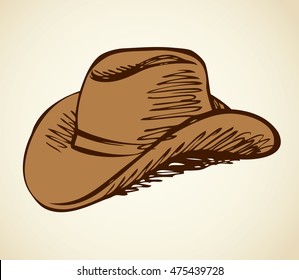 American men wild west ride beige leather lid isolated on white background. Freehand outline ink hand drawn icon sketchy in ancient scribble style pen on paper. Side closeup view with space for text