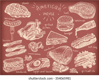 American menu on brown background, steak, sausage, bacon, sandwich, mushroom, grilled chiken, eggs, eggs and bacon, grill, grilled ribs, ribs, ham, hot dog, burger, ketchup