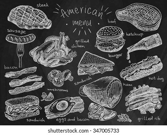 American menu on chalkboard background, steak, sausage, bacon, sandwich, mushroom, grilled chiken, eggs, eggs and bacon, grill, grilled ribs, ribs, ham, hot dog, burger, ketchup